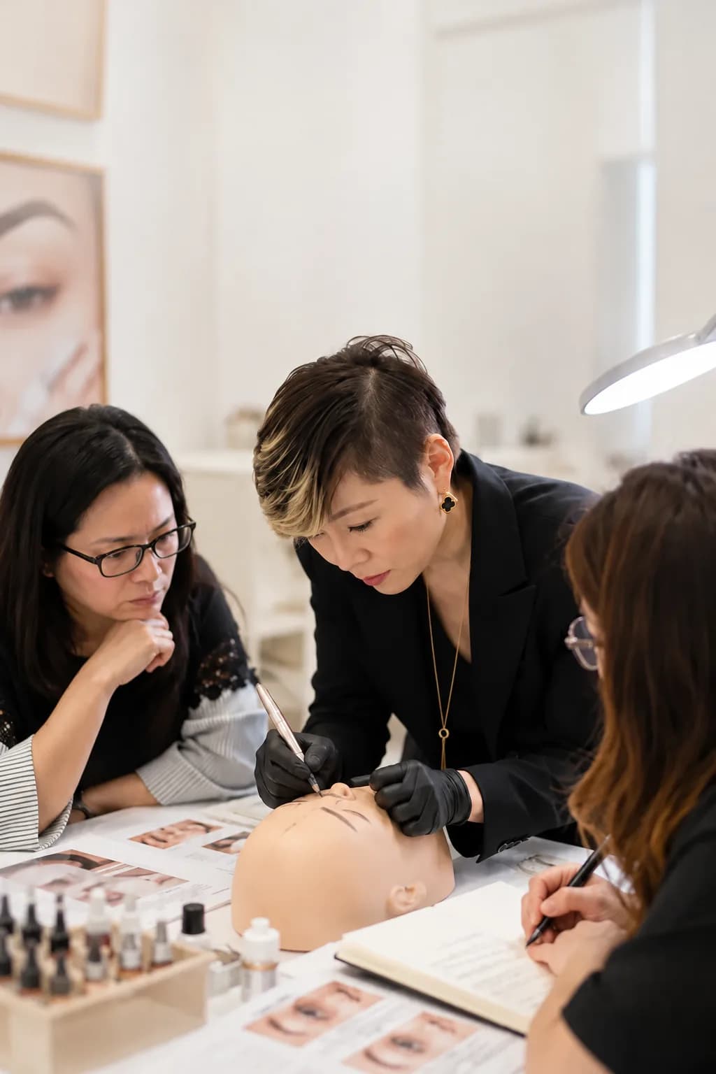 Lina Liu demonstrating Permanent Makeup technique to students