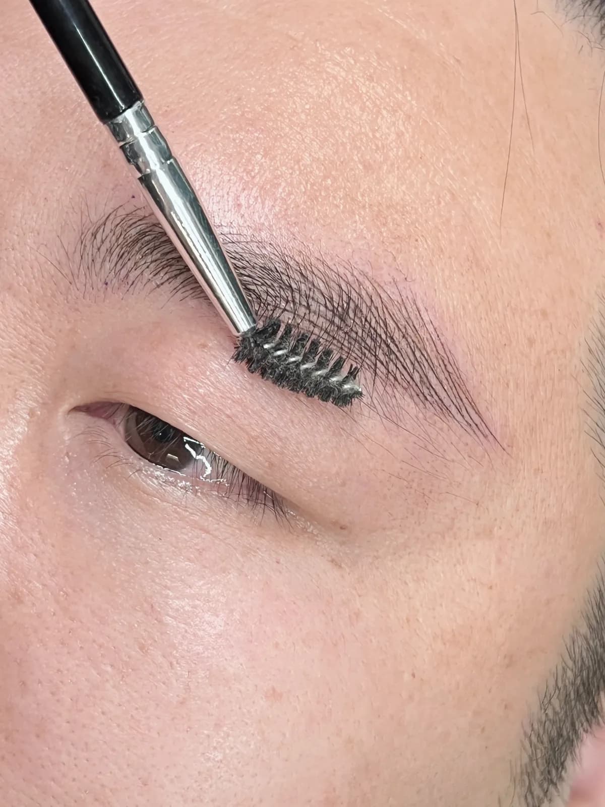 Brushing through freshly finished brows