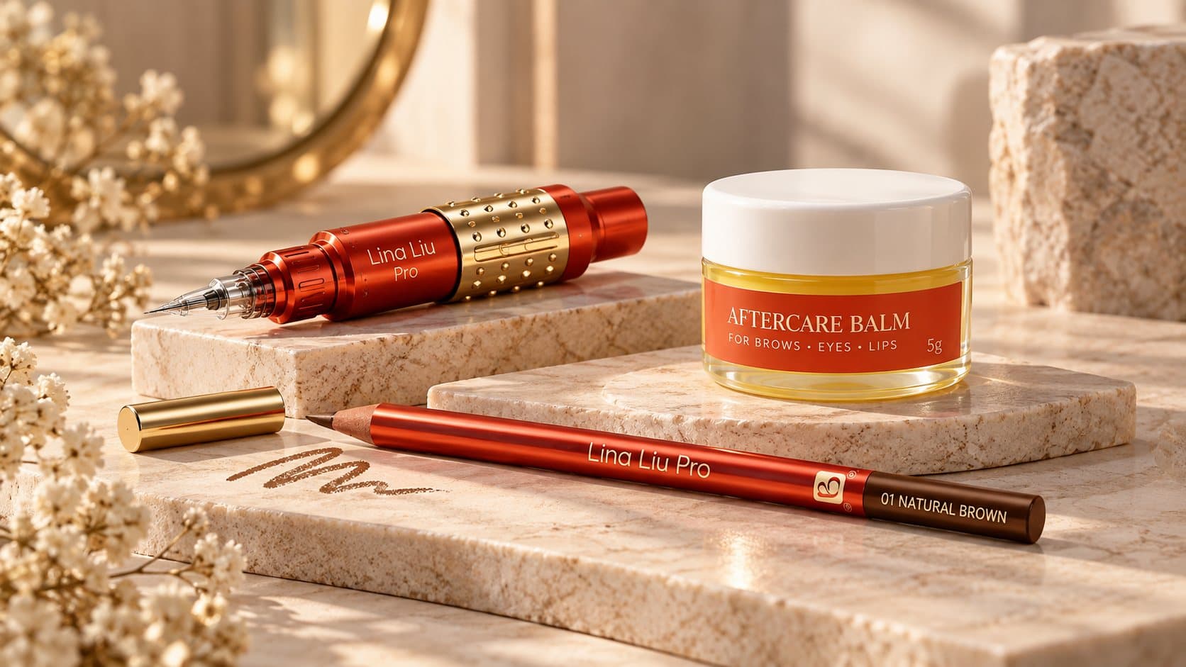 Lina Liu Pro permanent makeup machine, brow pencil and aftercare balm on marble