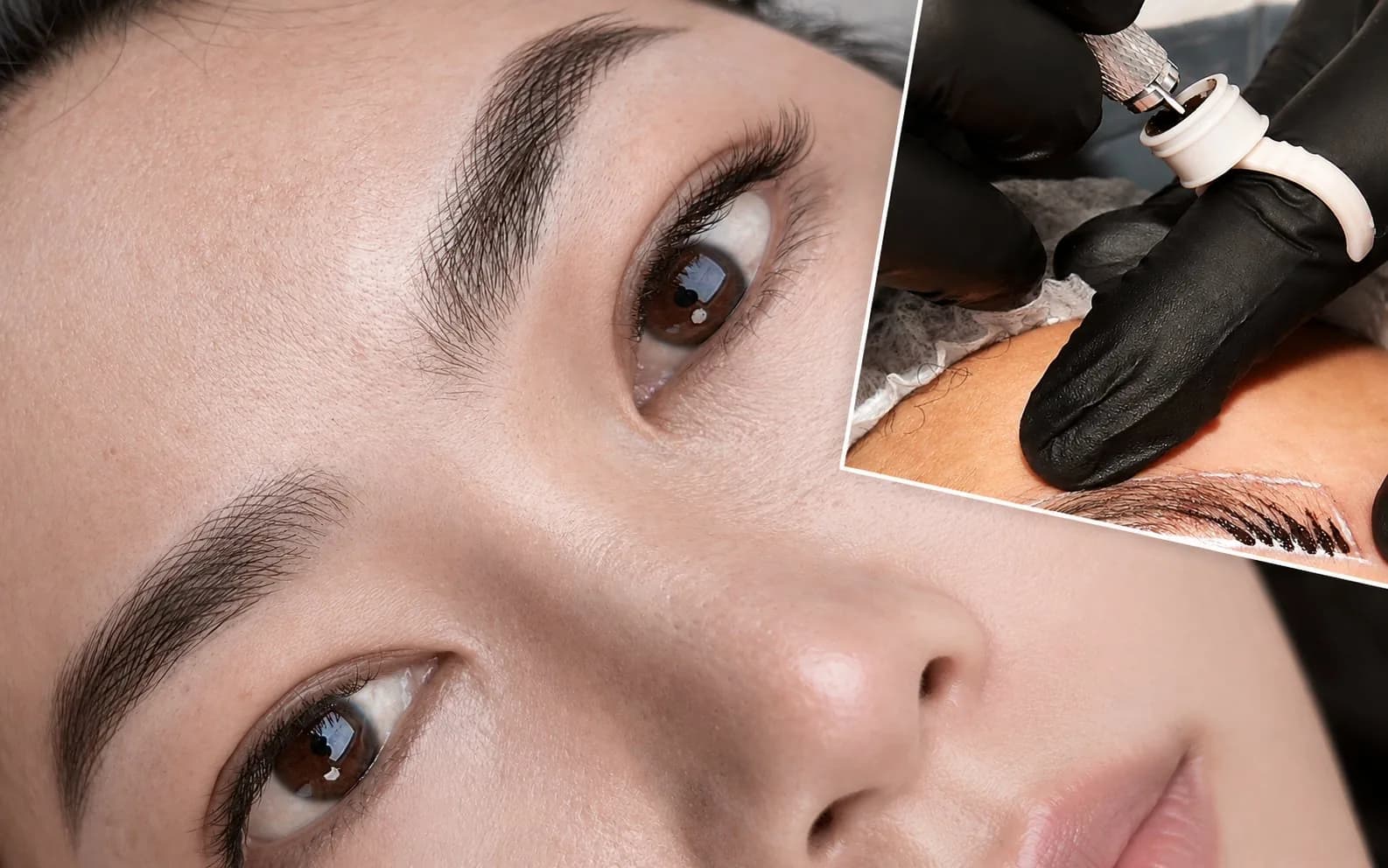 Healed permanent makeup brows, with an inset of the brow treatment in progress
