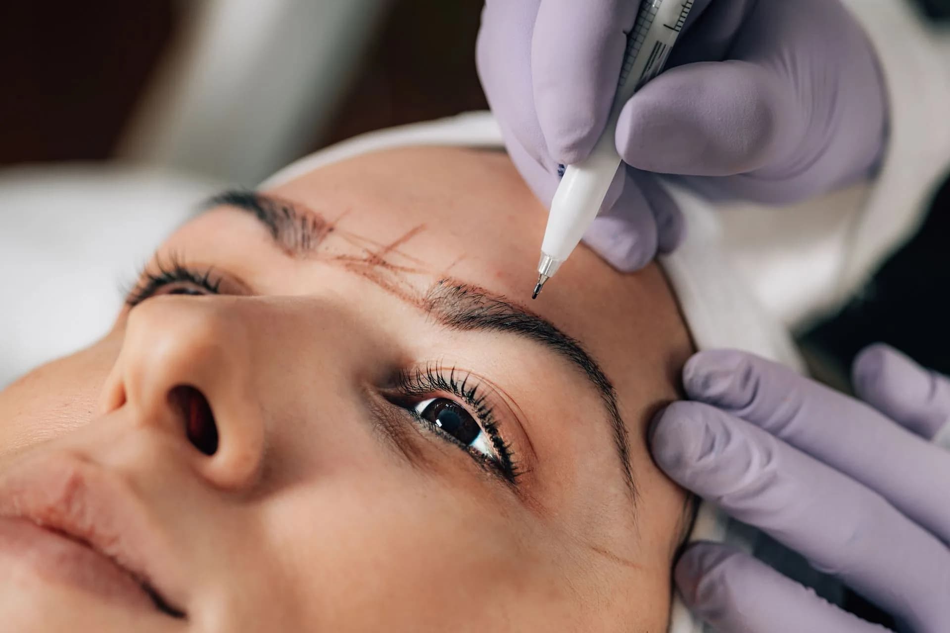 Close-up of nano brow hair-stroke treatment at Lina Liu Studio