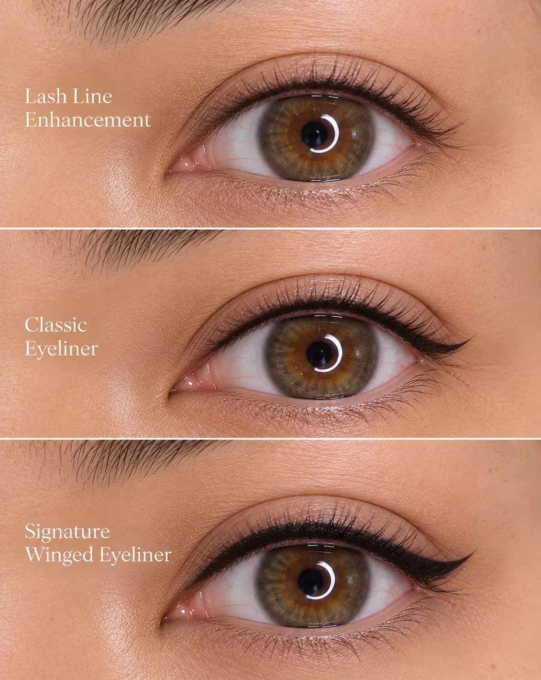 Lash Line Enhancement, Classic Eyeliner and Signature Winged Eyeliner compared